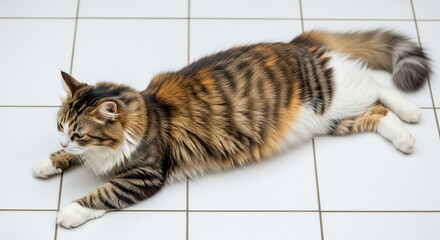 Relaxed Tabby Cat Stretching on White Tiled Floor Indoors.