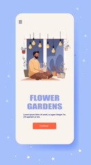 Man indoor gardening relaxing with potted plants modern home interior night window hanging lights mobile app screen template