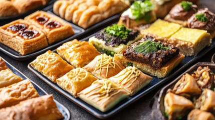 Assorted Traditional Pastries and Sweets on Elegant Serving Platters