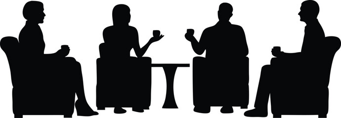 Group of four people in silhouette enjoying a beverage while seated in armchairs at a table social gathering or business meeting concept