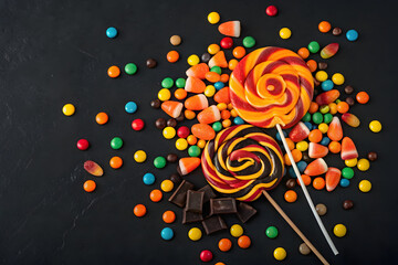AI-Generated Candy Flat Lay Featuring Swirled Lollipops, Candy Corn, and Chocolates on Dark Background