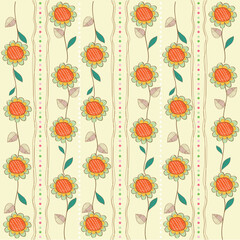 Cute Doodle Style Sunflower Seamless  Floral Line Pattern