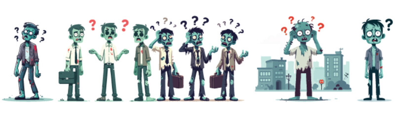 Zombie office workers in various poses, some on the phone, expressing confusion.