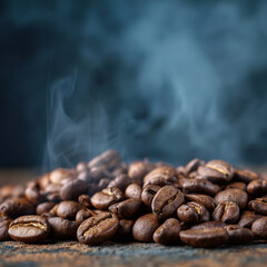 Freshly roasted coffee beans. Coffee aroma, Smoke, dark background.