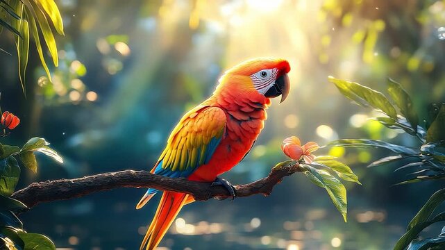 Colorful parrot is perched on a branch in a lush green forest. The bird's vibrant colors and the surrounding foliage create a sense of tranquility and natural beauty