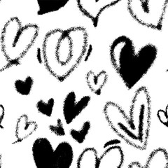 Vector seamless pattern. Ink style graphic repeated background. Wallpaper with outlined and fill heart shapes. Minimalistic modern backdrop with hand drawn romantic elements.