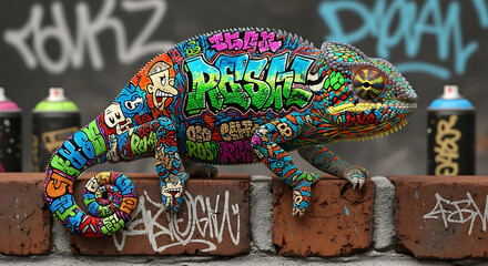 Fototapeta premium A chameleon is covered in vibrant graffiti art, blending the natural world with urban street culture