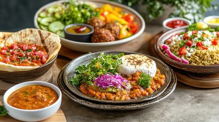 Fototapeta premium Colorful and Delicious Vegetarian Cuisine on a Rustic Table