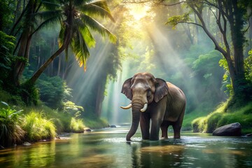 Fototapeta premium Photo of an elephant stands in a shallow river surrounded by lush green vegetation and bright sunlight
