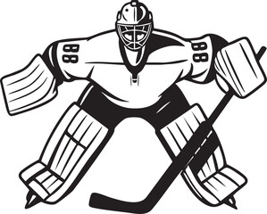 Hockey goalie in full gear, including mask, pads, and stick, in a defensive stance, black and white vector illustration.
