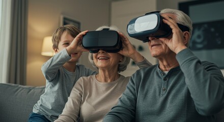 Senior couple and their grandson exploring virtual reality together at their home