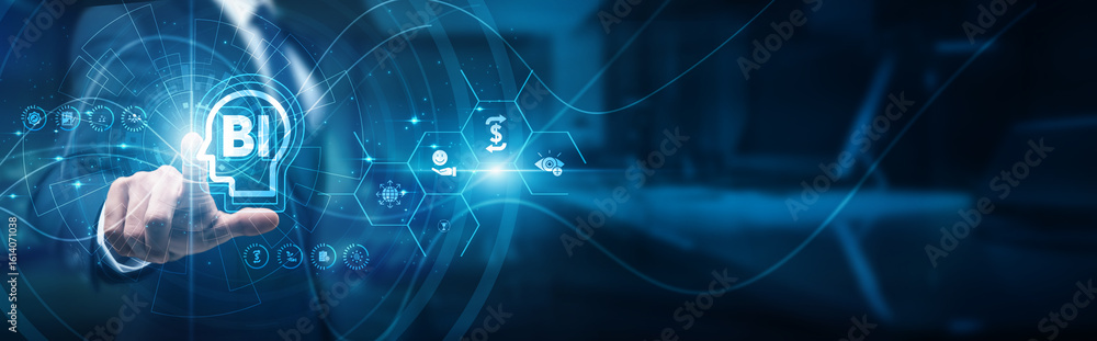 Poster bi analysts hand-touch dashboards. business intelligence systems, data-driven insights reporting kpi