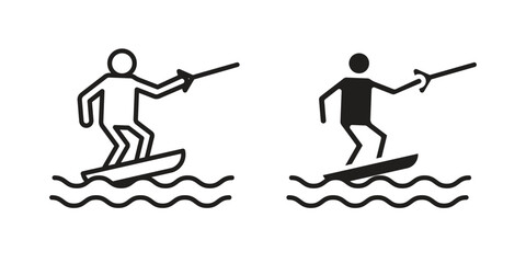 Wakeboarding icon in a black stroke vector design and flat solid version on white background