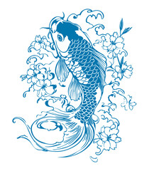 Blue koi carp fish swimming among sakura flower and water splash. Asian fish symbol Good luck and fortune. Vector illustration for tattoo, design, poster, print
