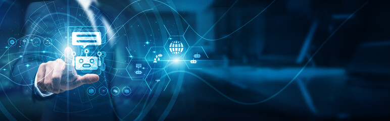 UX designer hand-touch conversation chatbot interface, customer service AI integration, automation engagement, NLP response flow interaction feedback technology, and communication.