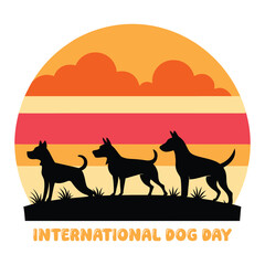 Three silhouette dogs standing on grass against a retro sunset sky with clouds and horizontal stripes celebrating international dog day