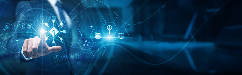 Blockchain expert hand touch protocol decentralized finance network, smart contracts wallets liquidity staking tokens, peer-to-peer asset transparency, and governance investment.