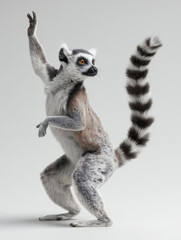 Fototapeta premium ring-tailed lemur strikes a playful, upright pose with one arm raised, highlighting its vibrant tail and expressive stance against a light background