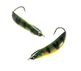 Plastic fishing lures with hooks isolated on a white background