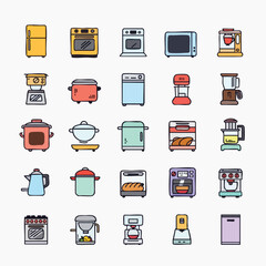 Colorful HandDrawn Kitchen Appliance Icon Set.
