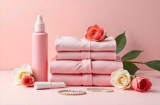 Ironed, beautifully folded clothes, towels, napkins, fabric, linen. Gold jewelry ring. Women's dressing table. Flowers, roses. Space for text. Pink background.