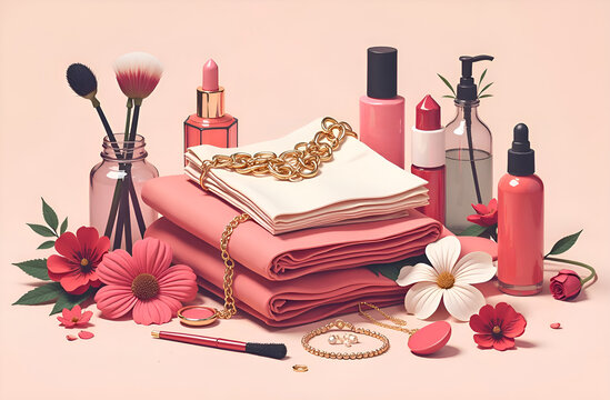 Cosmetic products set mockup on colorful background. Silver jewelry rings, chains, 
bracelet, pendant. Women's dressing table. Flowers. Space for text. Collection cosmetic bottles. Aroma sachet pillow