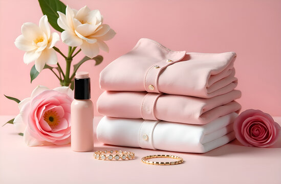 Ironed, beautifully folded clothes, a white and pink shirt. Gold jewelry ring. Women's dressing table. Perfume, fragrance, aroma. Flowers. Space for text. Pink background.