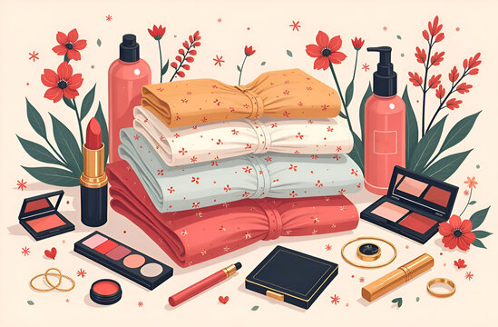 Ironed, beautifully folded clothes, a snow colorful shirt. Women's dressing table. Perfume, fragrance, aroma. Flowers. Clothes, towels, napkins, fabric, linen. Space for text. Pink background.