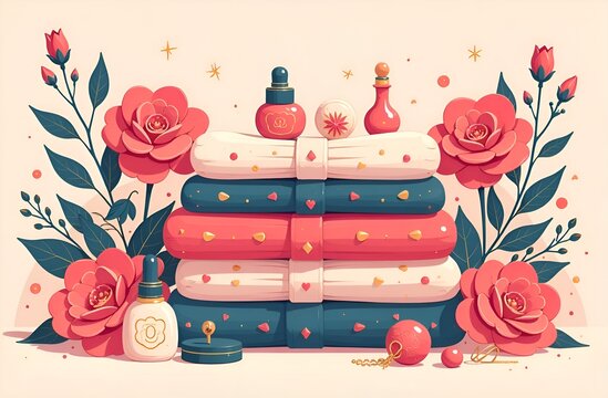 Ironed, beautifully folded clothes, a snow colorful shirt. Women's dressing table. Perfume, fragrance, aroma. Flowers. Clothes, towels, napkins, fabric, linen. Space for text. Pink background.