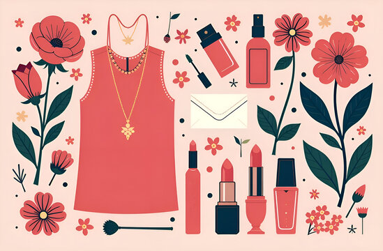 Cosmetic products set mockup on pink background. Gold jewelry rings, chains, pendants. Women's dressing table. White envelope. Flowers. Top view. Collection cosmetic bottles. Pink blouse, tank top.