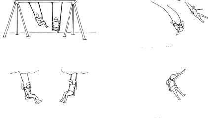 Minimalist Ink Art Depicting a Swingset and Swinging Figures with Clean Lines on Pastel Paper, Set Against a Dreamy Cloud Background, Perfect for Soft and Artistic Design Projects