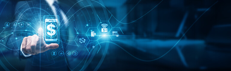 A fintech analyst's hand touches the gateway digital payment platform, transaction processing...