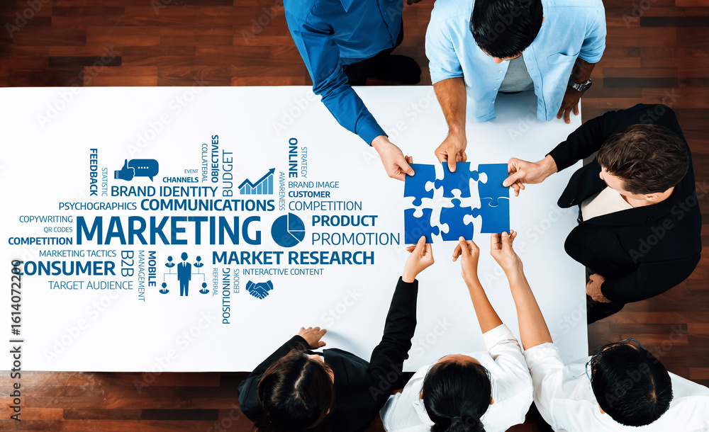 Poster a dynamic team collaborates on marketing strategies using puzzle pieces, emphasizing brand identity 