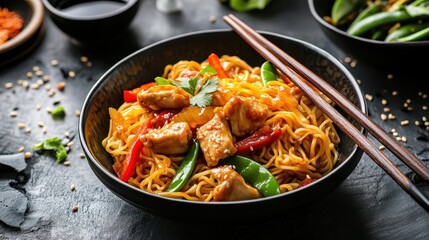 Fototapeta premium Colorful Asian Noodles with Chicken and Fresh Vegetables in Bowl