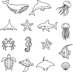 Silhouette of sea animals whale dolphin jellyfish starfish vector illustrator