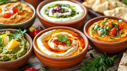Colorful assortment of delicious dips and spreads in bowls