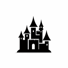 Obraz premium Black silhouette of a fairytale castle with pointed towers. Simple vector icon of a medieval fortress.