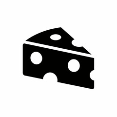 A simple black icon of a triangular piece of cheese with holes, representing dairy food and culinary concepts.