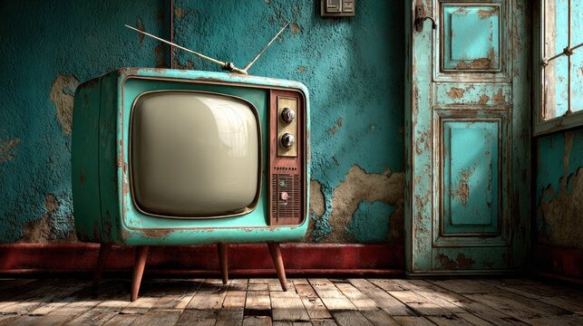 Rusty vintage TV in weathered room