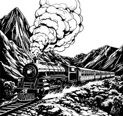 Fototapeta premium Vintage Steam Train Ascending Majestic Mountains: A Black and White Illustration