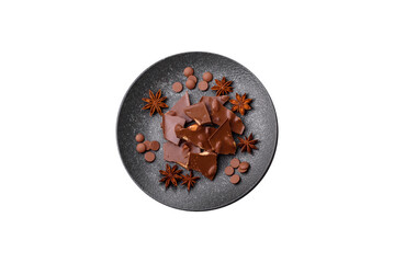 Bar sweet craft artisan chocolate with dried fruits made at home. Craft chocolate