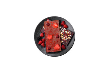 Bar sweet craft artisan chocolate with dried fruits made at home. Craft chocolate