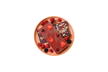 Bar sweet craft artisan chocolate with dried fruits made at home. Craft chocolate