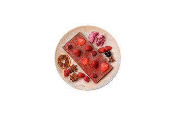 Bar sweet craft artisan chocolate with dried fruits made at home. Craft chocolate