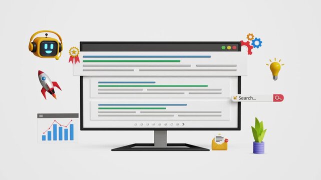 Search engine optimization, AI-powered SEO strategies, promote website, organic traffic with automation tools. Top search rankings, AI bot, strategic digital marketing on computer. 4K 3D animation
