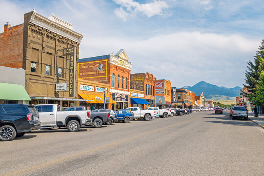 General view of the historic Main Street commercial district begun in the 1880's and known for it's notorious saloons and rowdy clientele like Calamity Jane, Livingston Montana, July 21 2025.