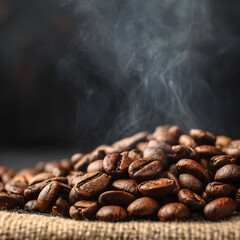 Freshly roasted coffee beans. Coffee aroma, Smoke, dark background.
