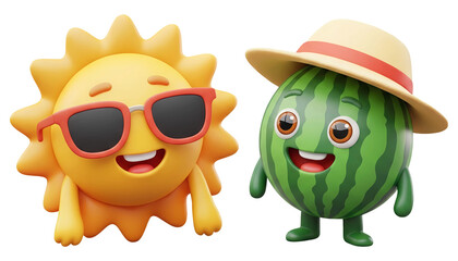 3D cute cartoon sun and watermelon characters with summer accessories isolated on transparent background, PNG file add
