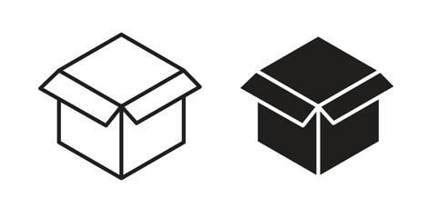 Open box icon in a black stroke vector design and flat solid version on white background