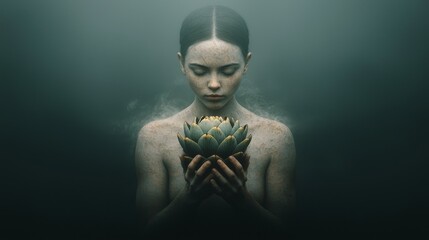 Mystical Woman Holding Artichoke in Enigmatic Foggy Environment